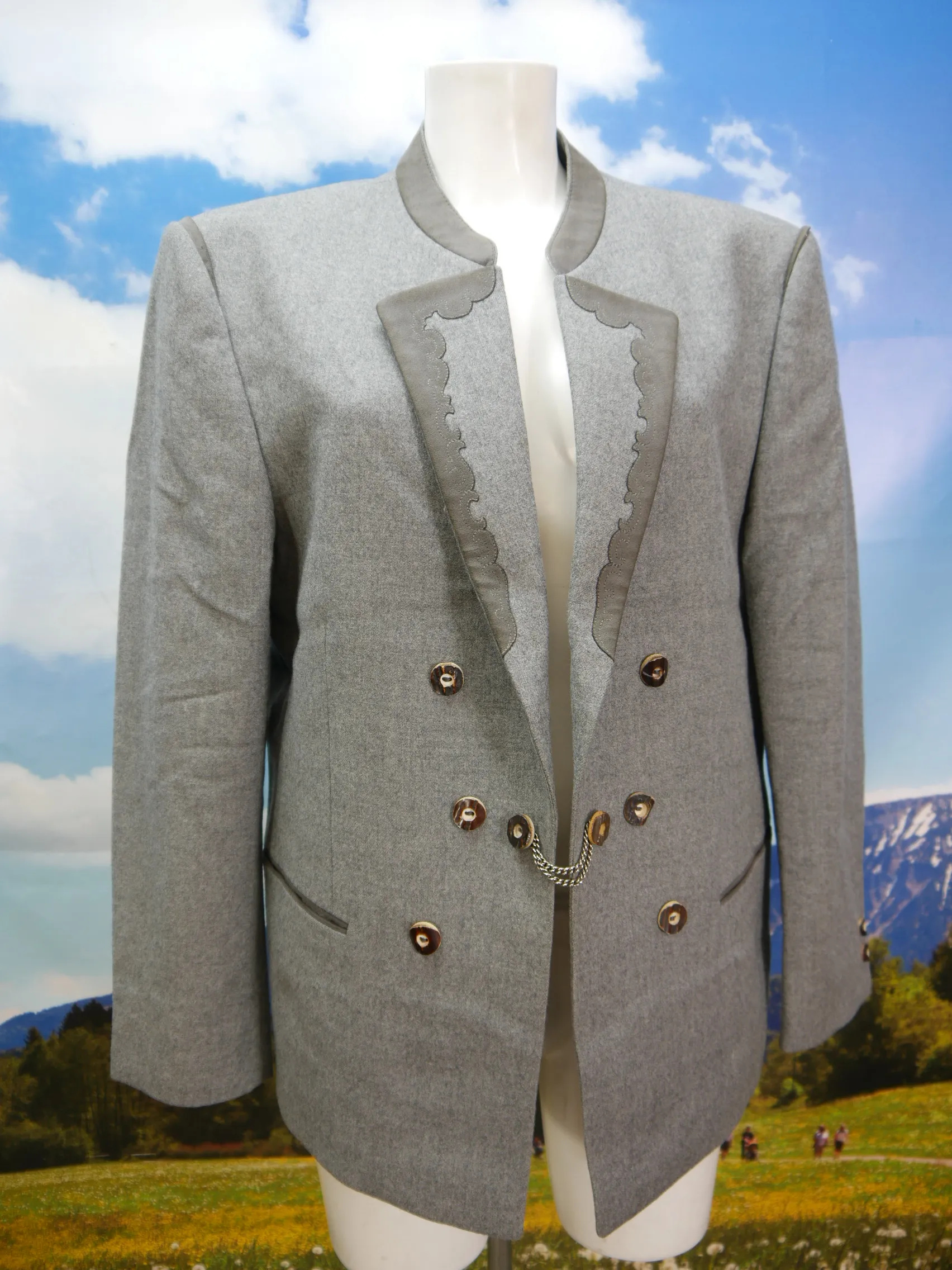 Alpen tracht grau Schurwolle mit Hirschhornknöpfen Trachtenjacke Jacke Gr.27