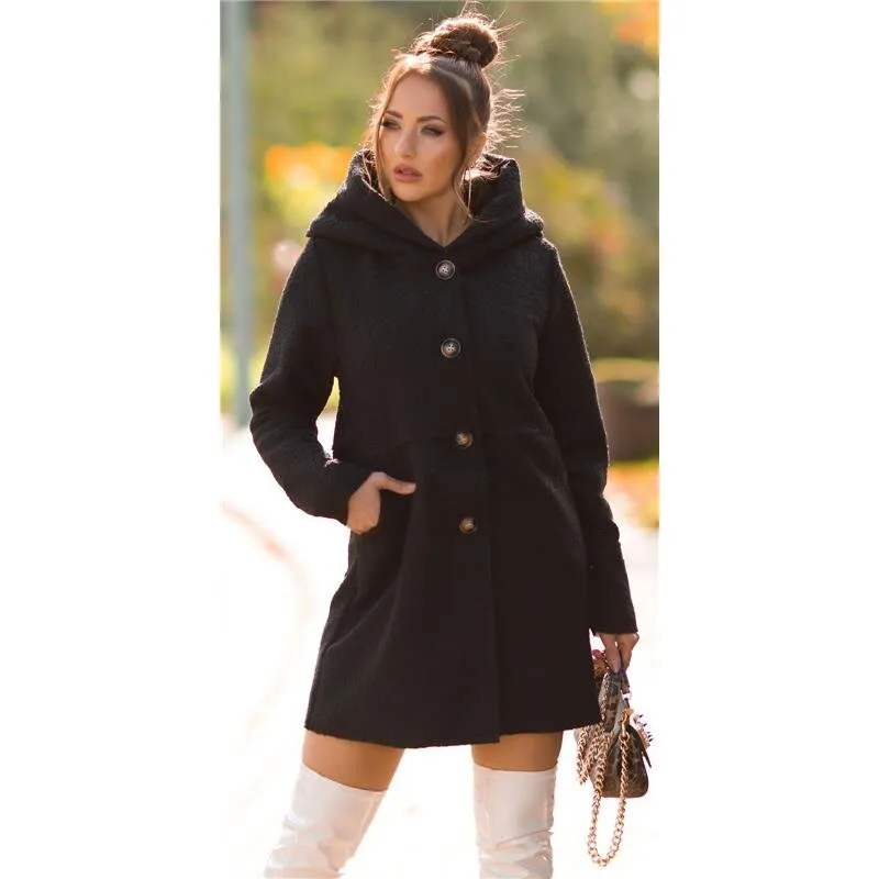 Eleganter Damen Borg-Mantel mit Kapuze Herbst Schwarz
