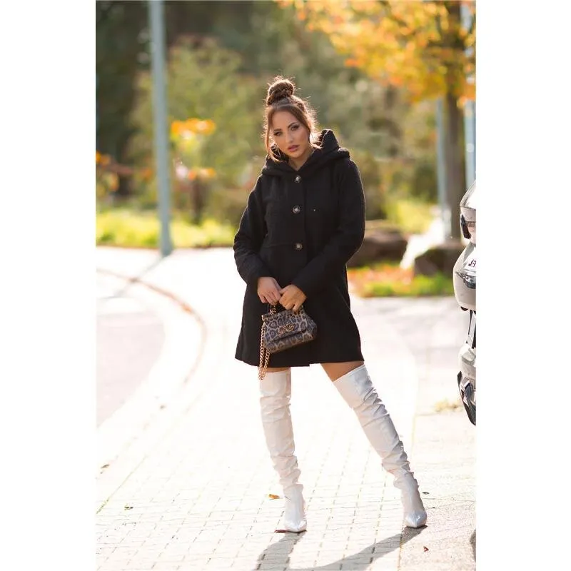 Eleganter Damen Borg-Mantel mit Kapuze Herbst Schwarz