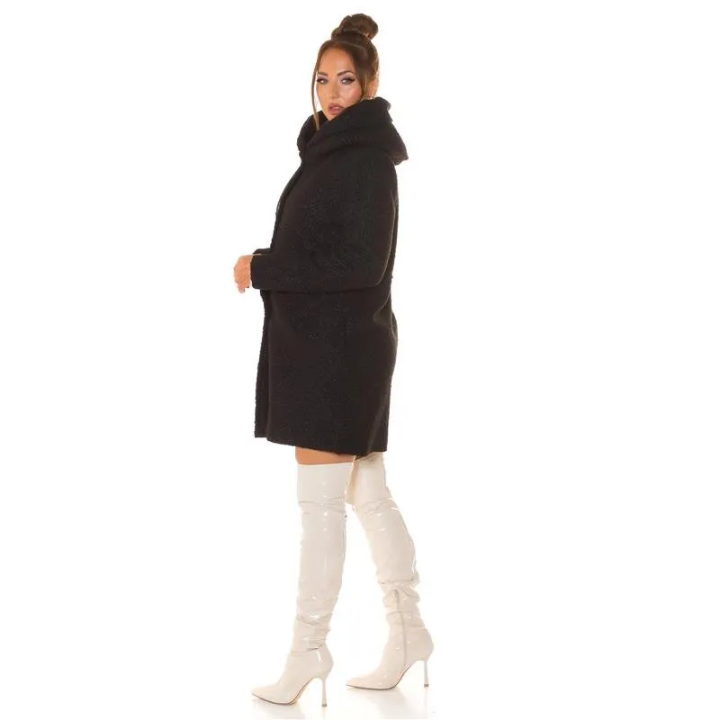 Eleganter Damen Borg-Mantel mit Kapuze Herbst Schwarz
