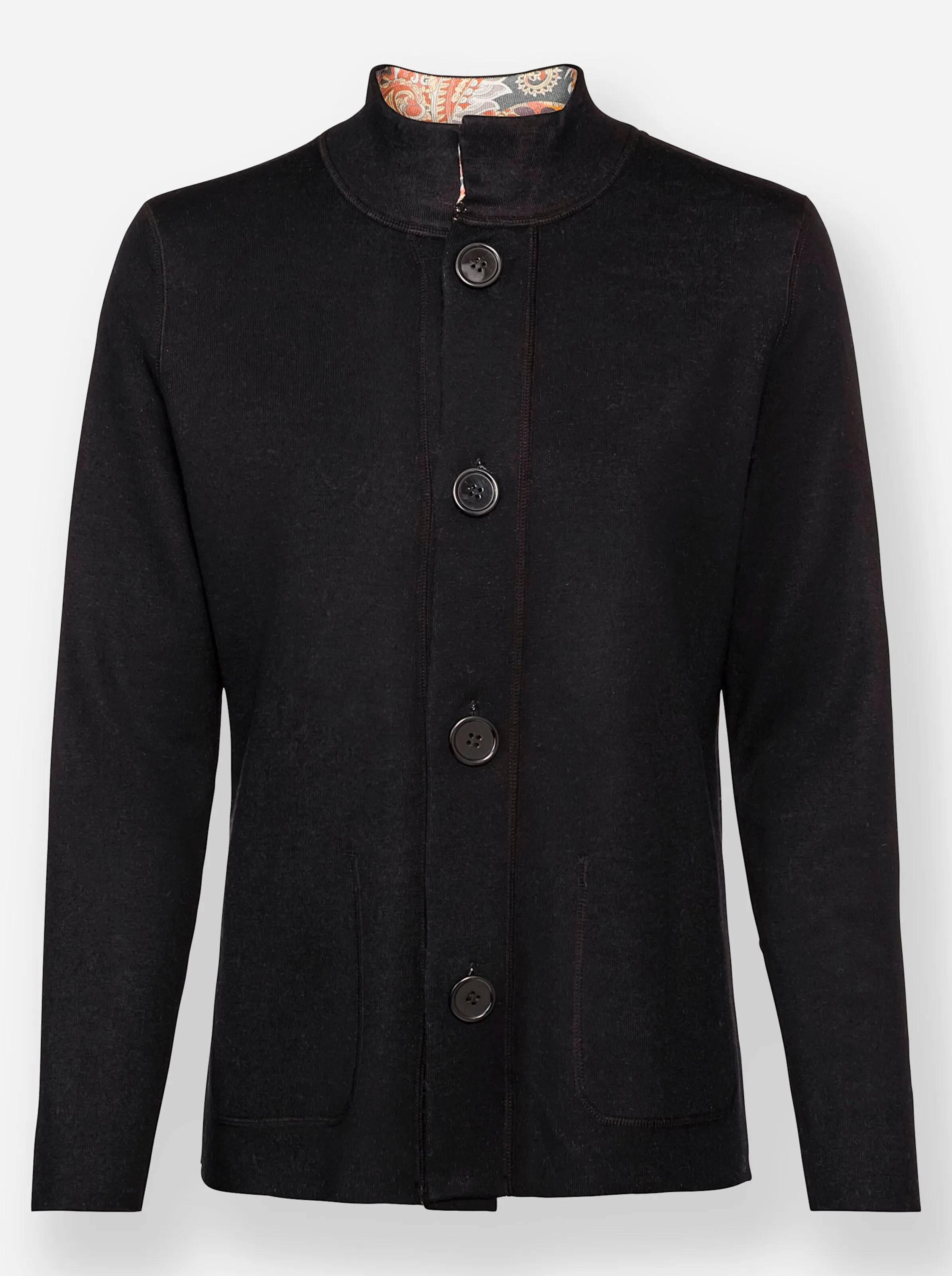 Strickjacke in schwarz-ocker-bedruckt