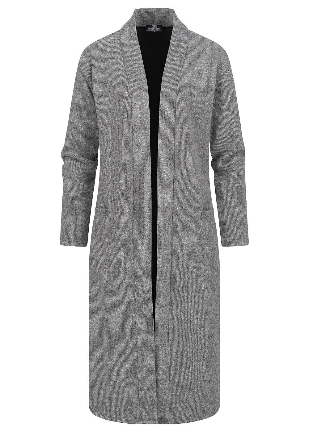 Styleboom Fashion Damen Cardigan Strickjacke Longform 2-Pockets grau